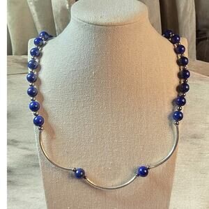 Stunning Vintage Blue and Silver Beaded Curve Necklace